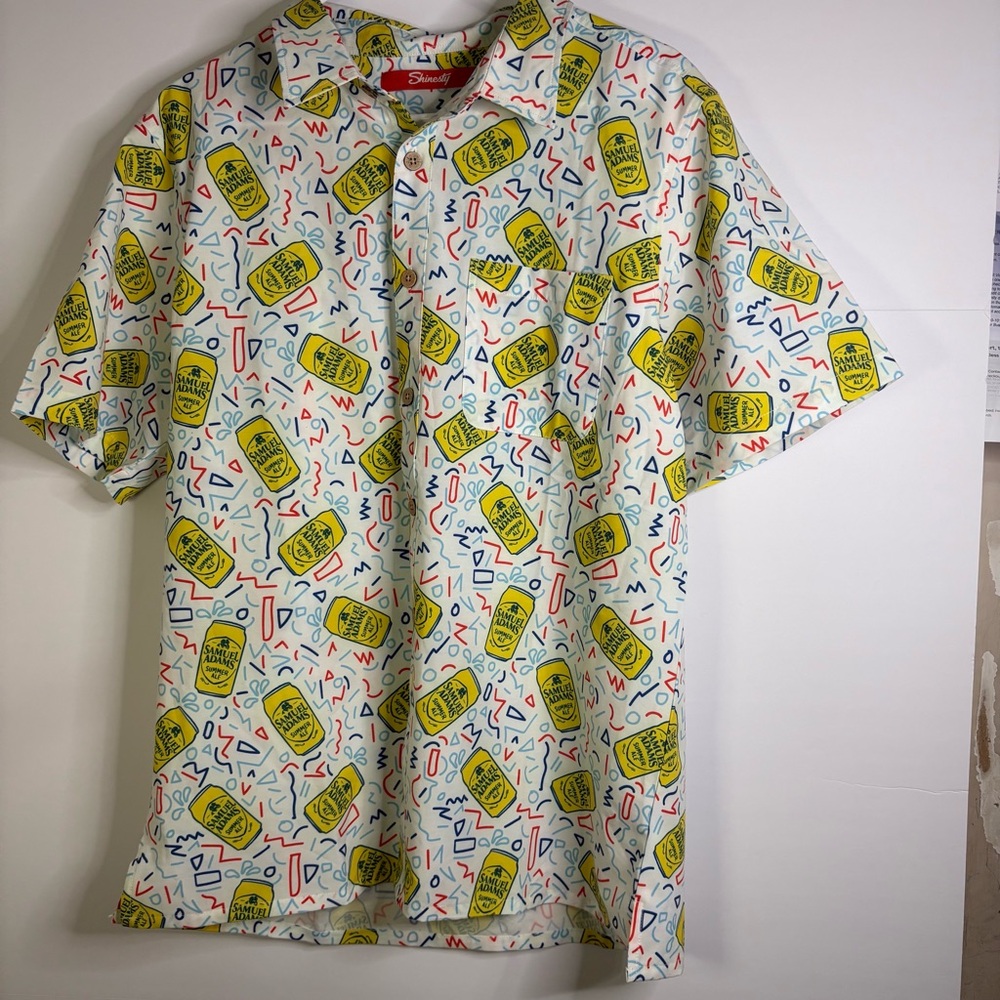 New Shinesty Samuel Adams Men's Large Hawaiian Party Shirt w/ Can Holder LIMITED